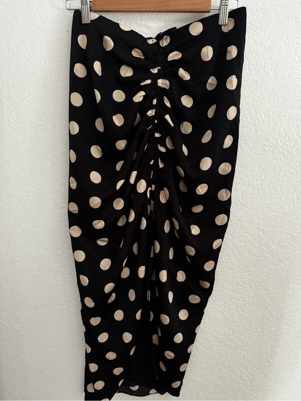 VICI Polka Dot Ruched Front Black Midi Skirt | Size M